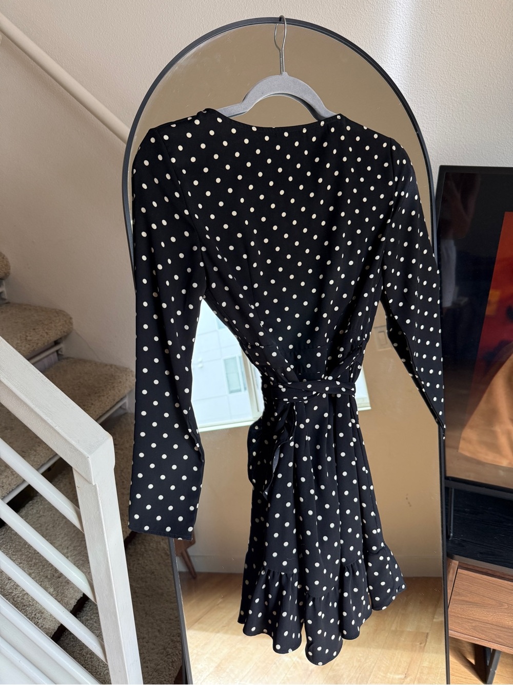 Classic Black Polka Dot Long-Sleeve Wrap Dress